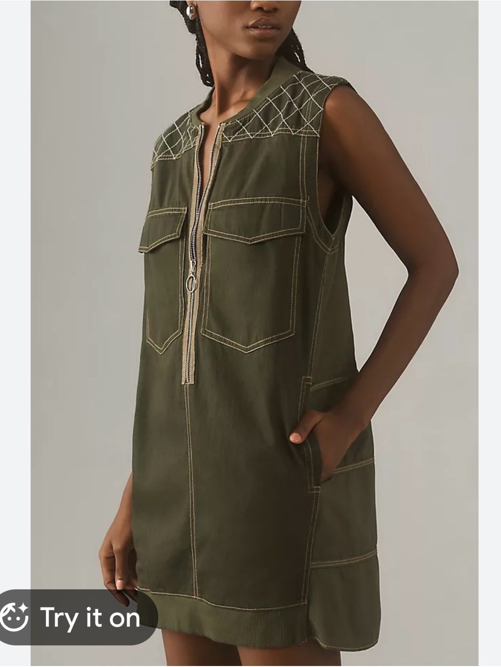 Anthropology Pilcro Utility Olive Green Sleeveless Zip-Front Mini